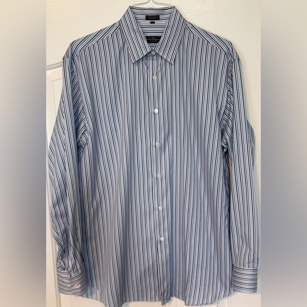 EUC ⚡️ Salvatore Ferragamo Italian Cotton Stripe Dress Shirt Blue White L